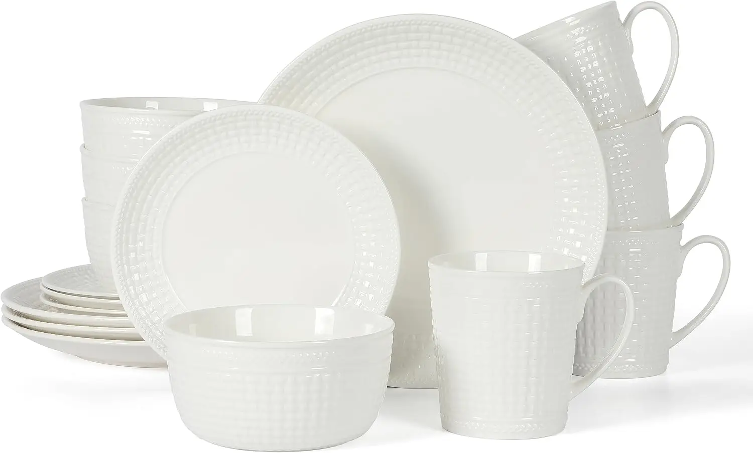 Dinnerware Set, 16-Piece New Bone China Porcelain with Embossed Basket Weave Pattern, Chip and Scratch Resistant