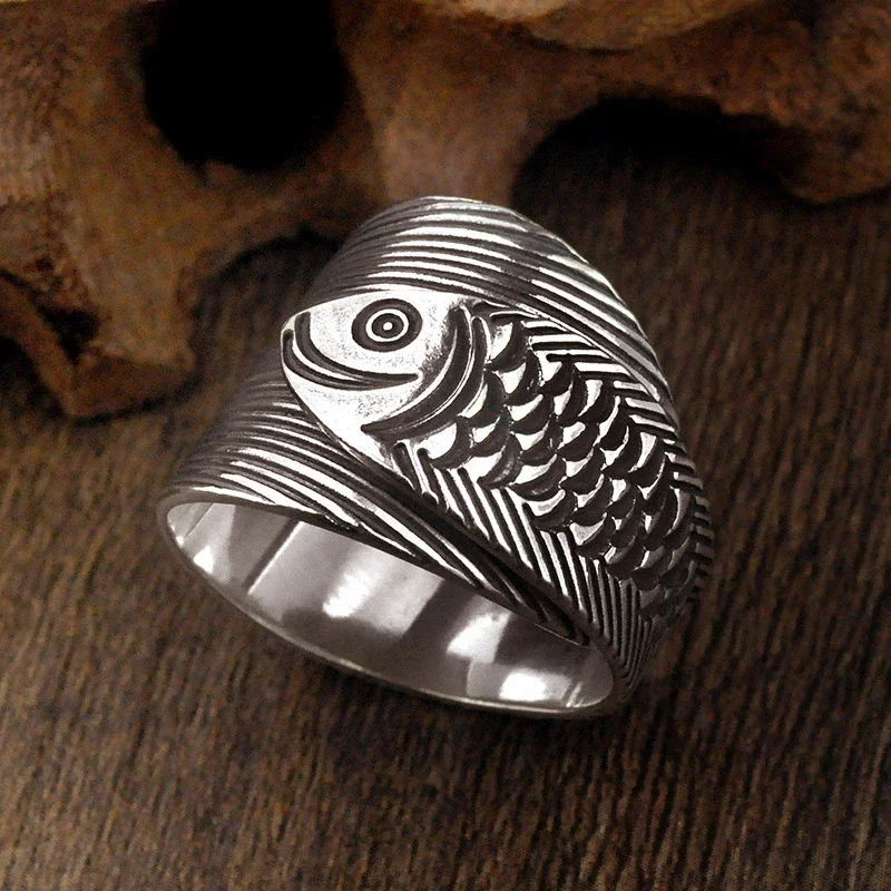 

925 Thai Silver Craft Simple Chinese Style Carved Rich and Wealth Fish Wide Ring Vintage Opening Jewelry for Men and Women