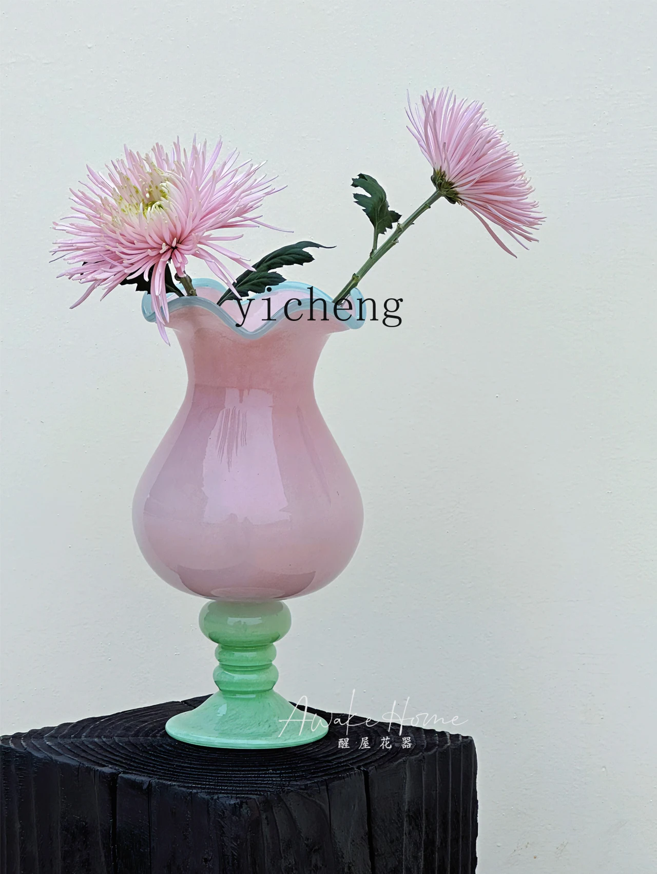 

TWR Small Fresh Dopamine Pink Blue Tall Wind Lamp Vase Glazed Glass Art Flower Arranger