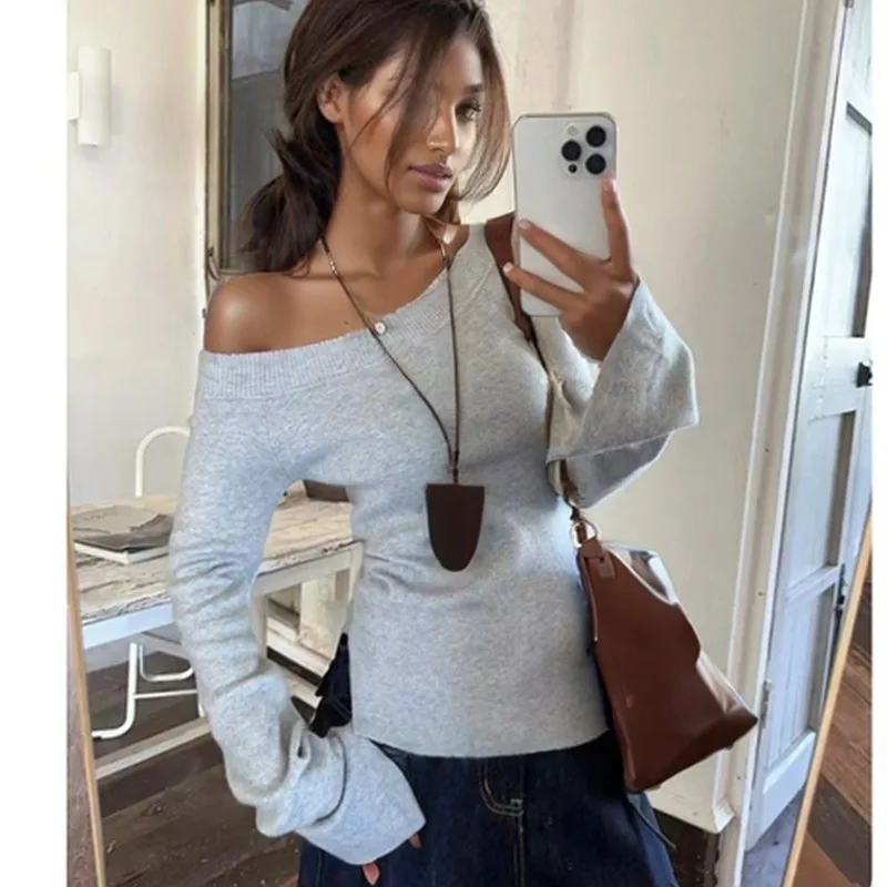 

Элегантный вязаный свитер с длинными рукавами и открытыми плечами, женский пуловер, нижняя рубашка, осенние повседневные офисные простые облегающие топы