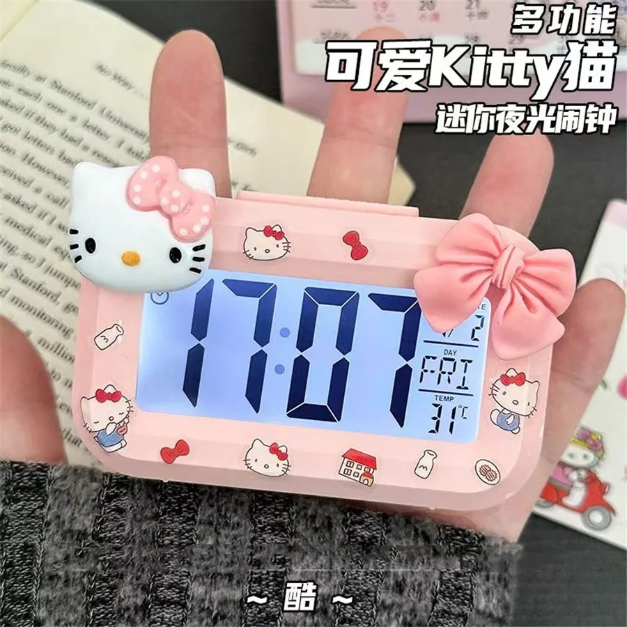 Hello Kitty Alarm Clock Cartoon Saniro Mini Kitty Cat Noctilucent Alarms Clocks Dormitory Desktop Ornament Student Alarm Clocks