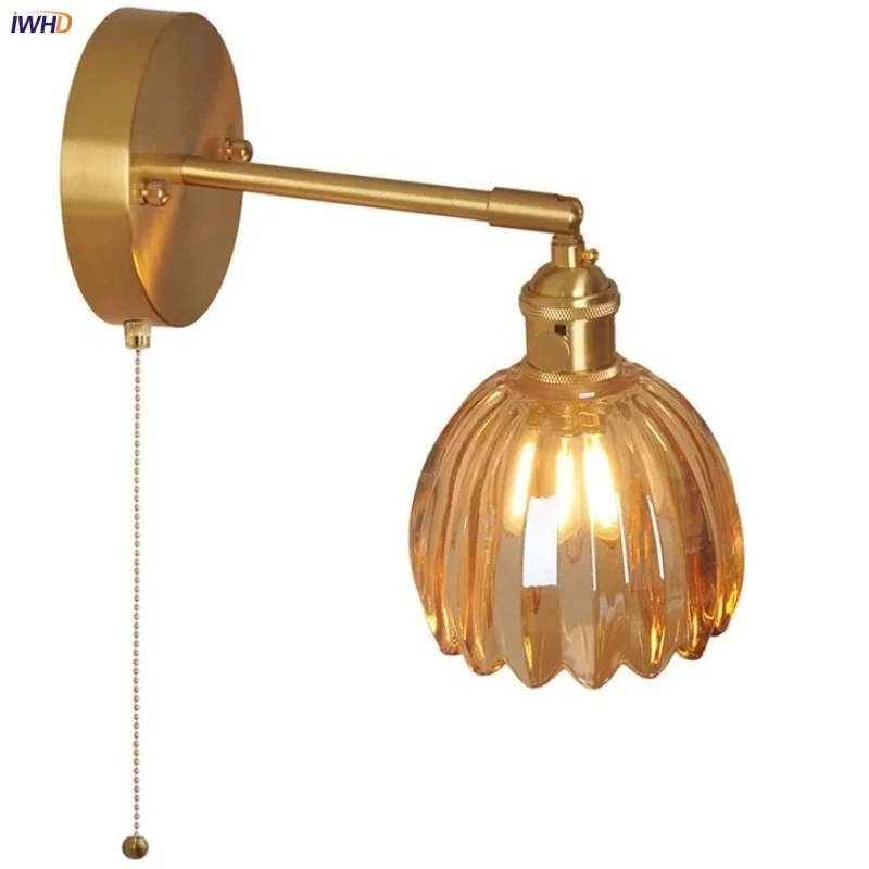 IWHD Vintage Style LED Wall Light Fixture Amber Glass Study Restaurant Home Decor Loft Pull Chain Switch Bedside Lamp Luminaire