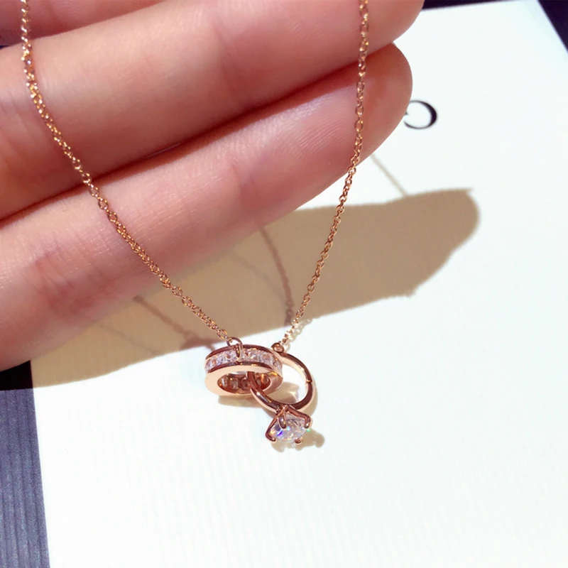Romantic Inlaid AAA Zircon Necklace For Women Choker Clavicle New Fashion Wedding Jewelry Gift Double Circle Pendant Necklaces