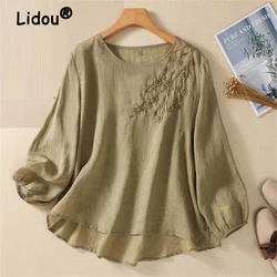 Women Trendy Vintage Embroidery Long Sleeve Cotton Linen T-shirt Female Simple Casual Solid O Neck Loose Irregular Pullover Tops