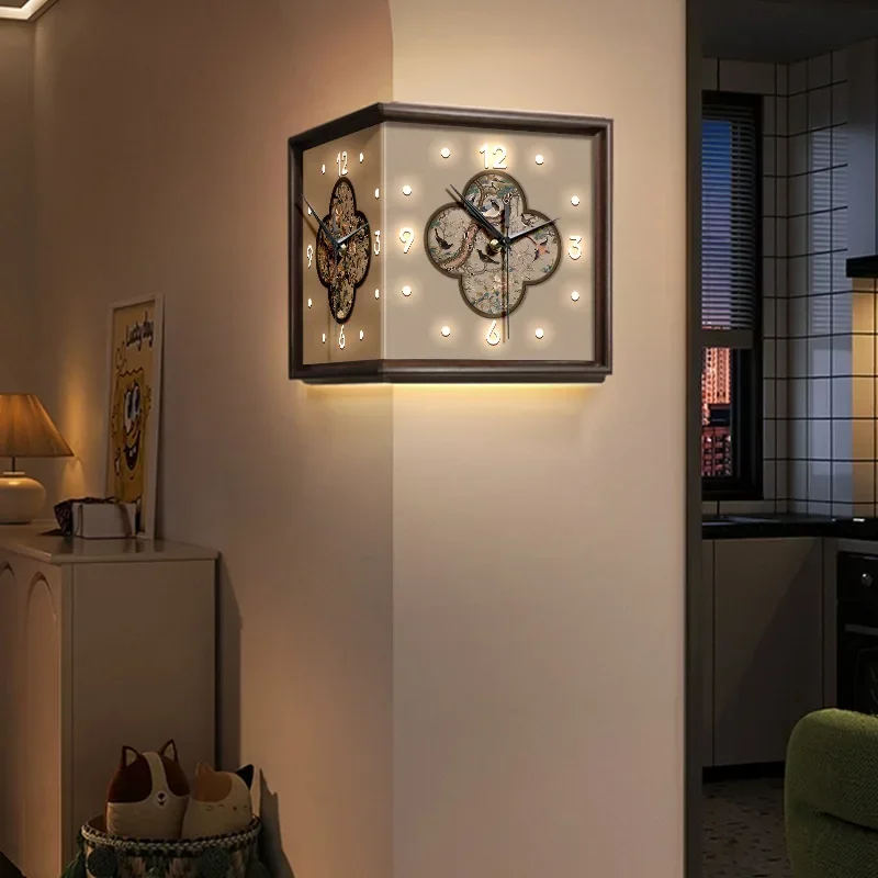 Medieval corner double-sided wall clock, non-punching living room corner clock wall lamp