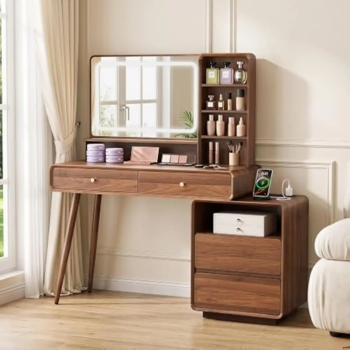 Walnut-Finished Modern Vanity Desk with Curved Silhouette, 4 Drawers Plus Open Shelving, Adjustable Side Cabinet, USB Type-C AC