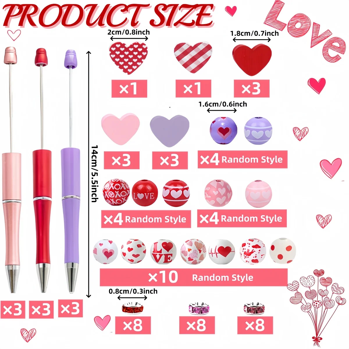 Back To School Season 9PCS Valentine's Day Themed DIY Bead Pen Set, Paired With Multiple Heart-Shaped Wooden Beads