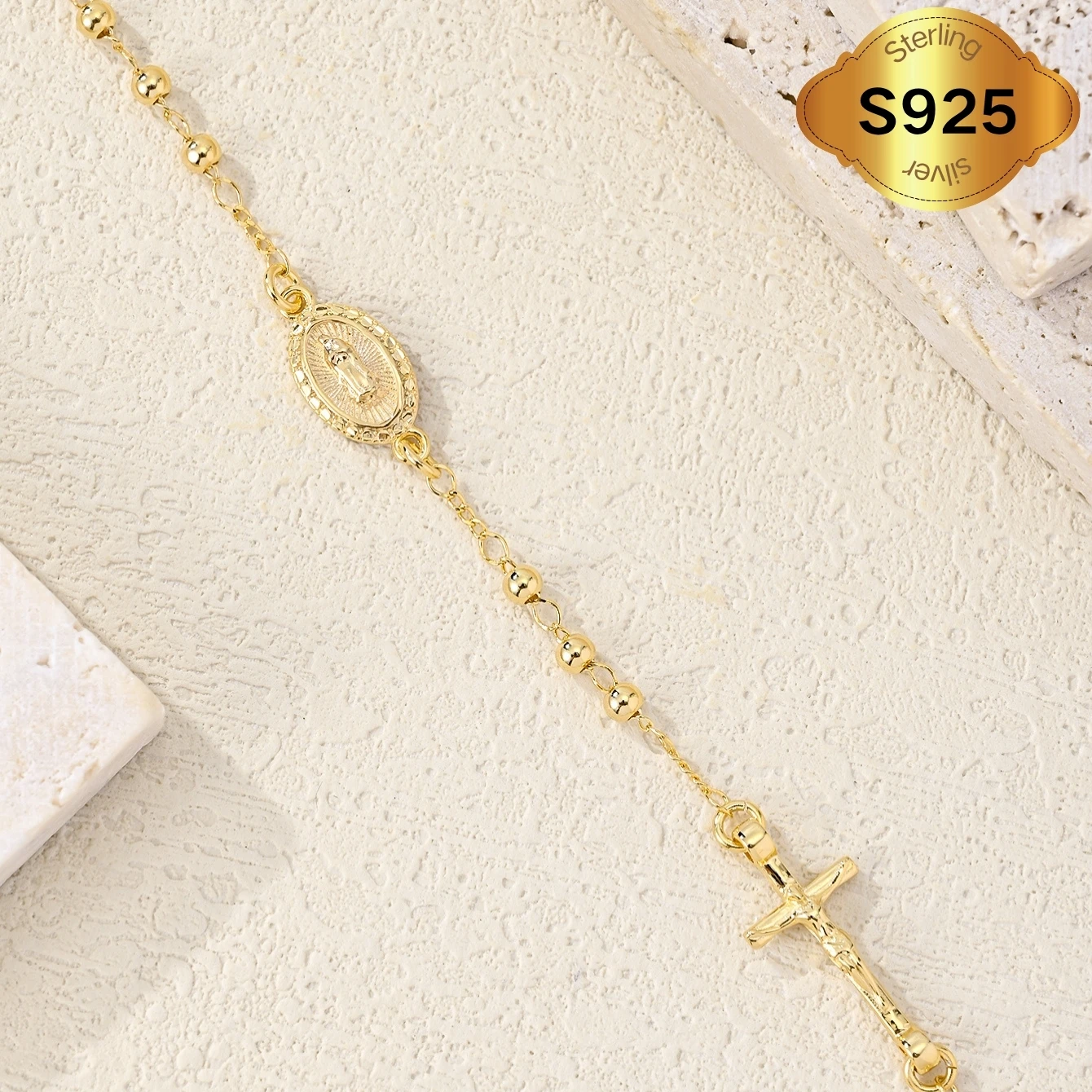925 Sterling Silver Hypoallergenic Virgin Mary Cross Jesus Rosary Bracelet, Religious Fashion Jewelry for Men and Women