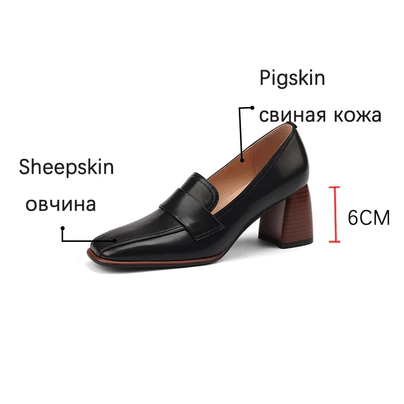 2023 Spring New GENUINE LEATHER Women Shoes LEISURE Women Slip-On Shallow Pumps Square Toe Heels Shoes Women Zapatos De Mujer