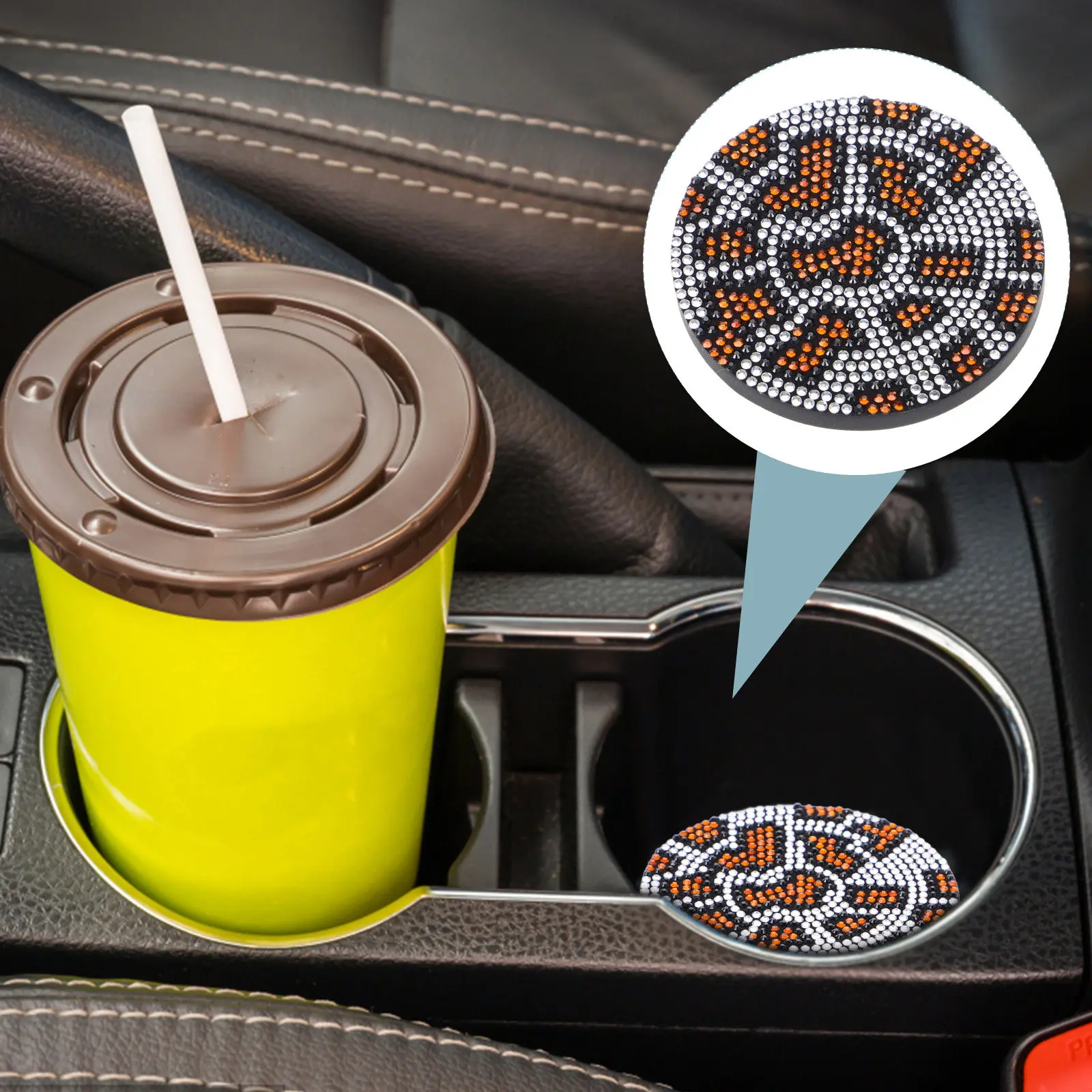 2Pcs Bling Car Cup Holder Coasters Silicone Anti-Slip Car Coaster Inserts Cute Round Cup Holder Decor Printed Coaster