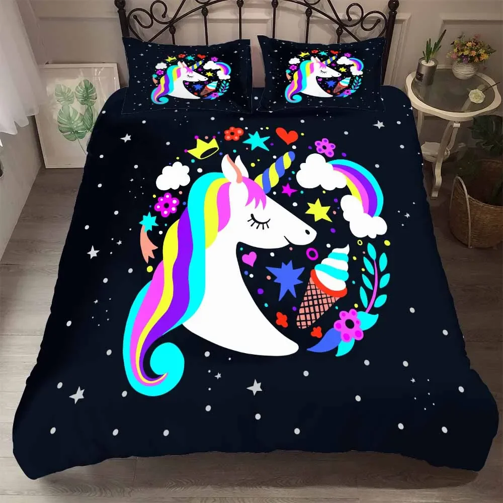 

Bed Linens High-grade Fabric Unicorn Beding AU US Winter Bedding Set Hot Soft Duvet Cover Set Cute Cartoon Bedding Set 3pcs