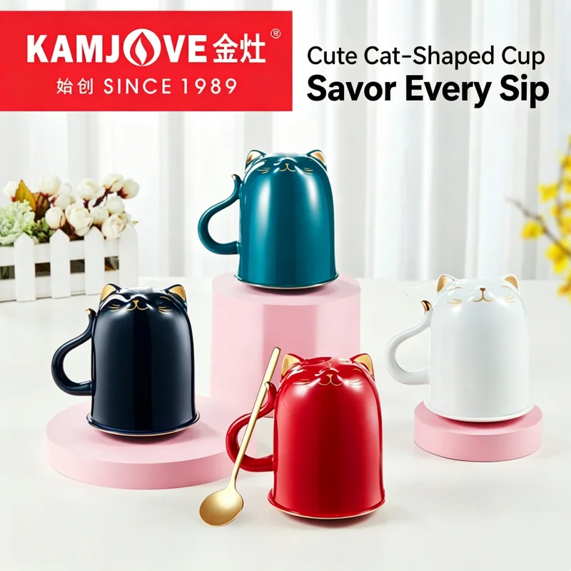 KAMJOVE Cute Cat‑Shaped Cup Hand‑painted Gold Creative Ceramic Tea Brewing Cup,Personal‑use Coffee Mug,High‑kaolin Clay Tea Cup