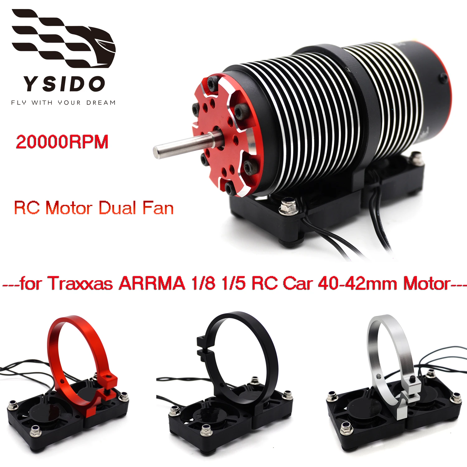 

YSIDO RC Racing 49mm/56mm Motor Heatsink Brushless 4010 Dual Fan Ajustable Mount for Traxxas ARRMA 1/8 1/5 RC Car 40-42mm Motor