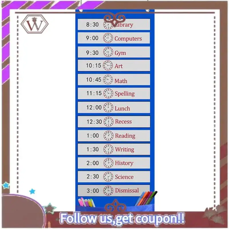 ABBG-Children Cloth Daily Schedule Pocket Chart 26 Double-Sided Reusable Dry-Eraser Cards For Office Home School Classroom