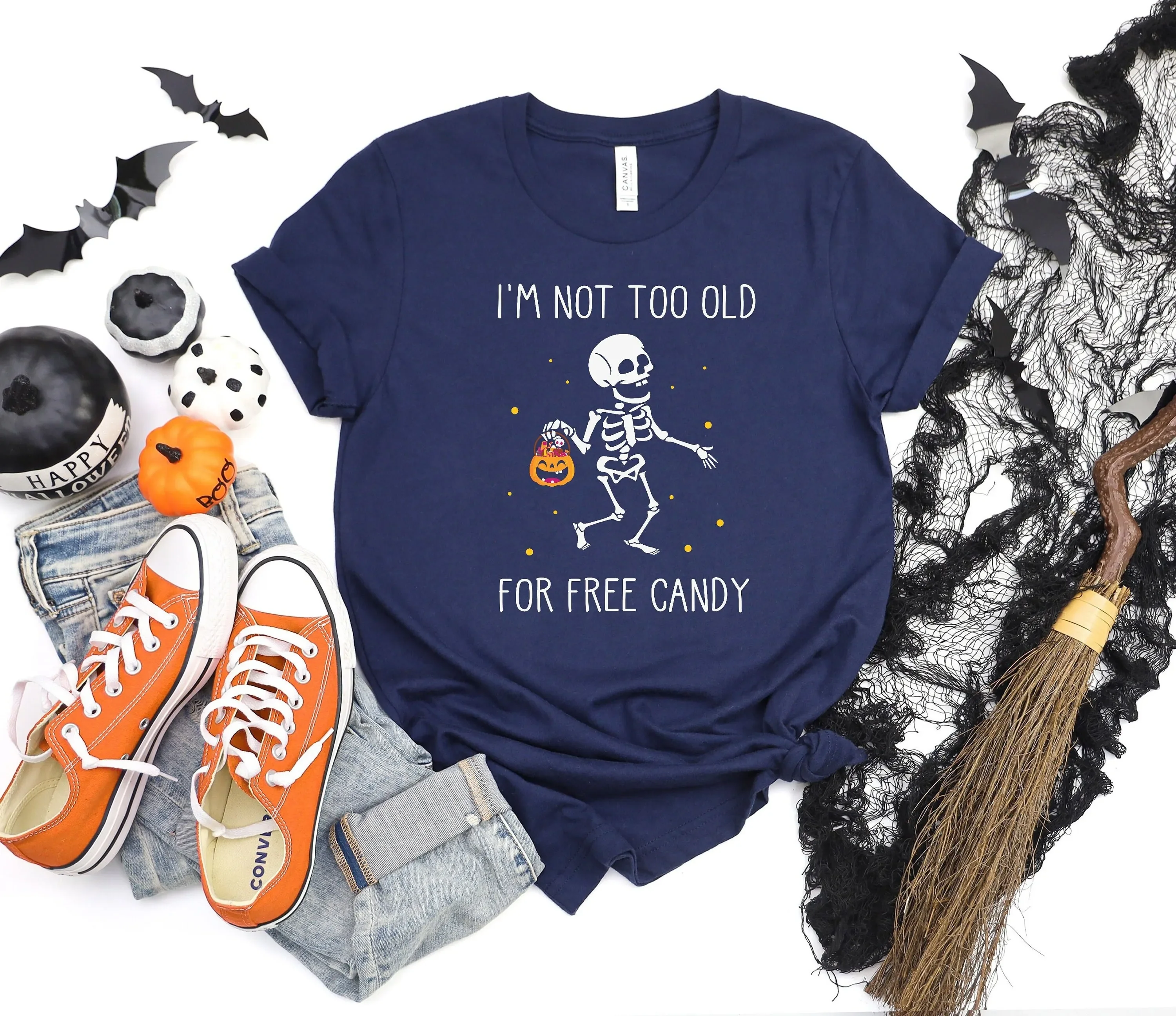 Halloween Trick Treat Skeleton T Shirt Funny Spooky Season Happy Adult S