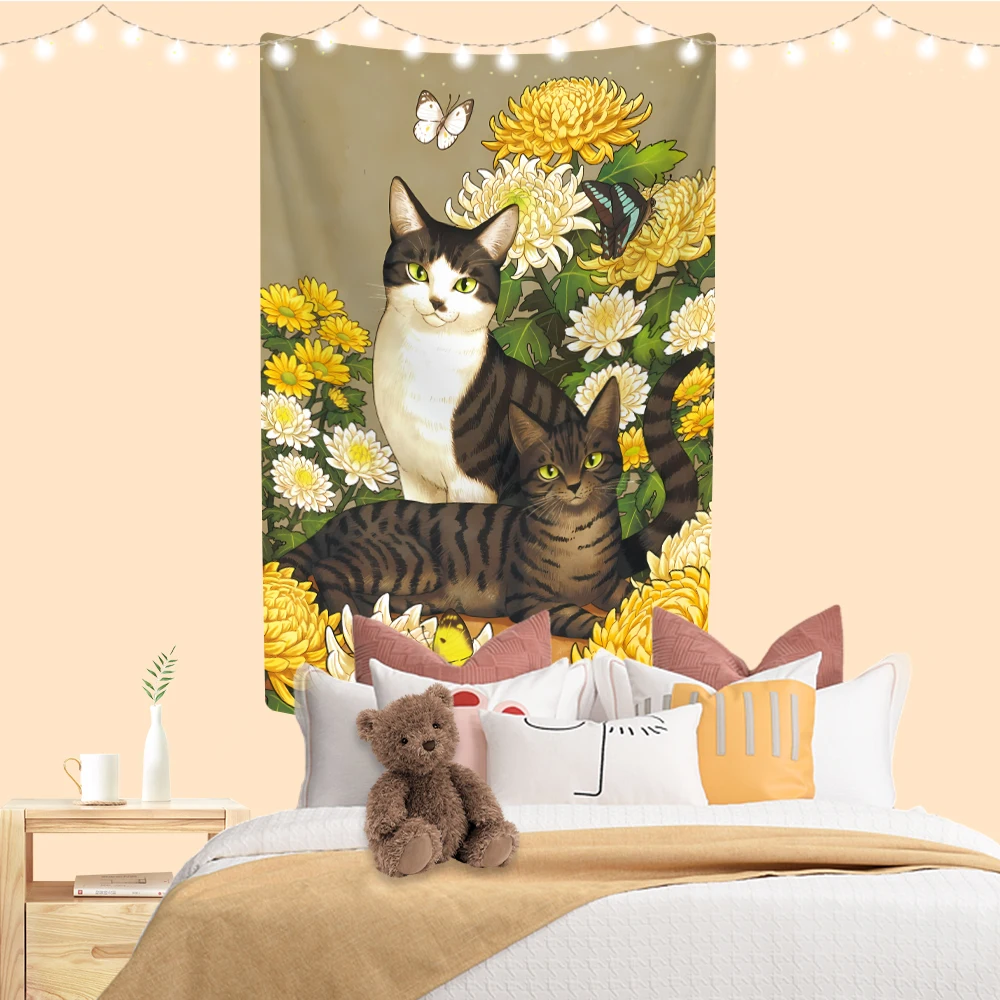 Cute Animal Tapestry Cartoon Cat And Flower Printed Kawaii Room Decoration Wall Hanging Dorm Background Cloth Sofa Blanket