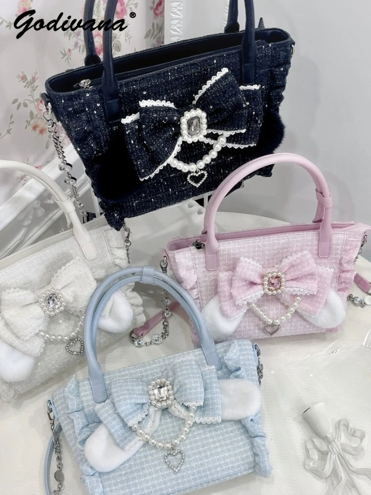 

Original Lolita Sweet Cute Handbag Japanese Mine Mass-Produced Bow Beaded Plushtote Bags New Winter Women's Tweed Crossbody Bag