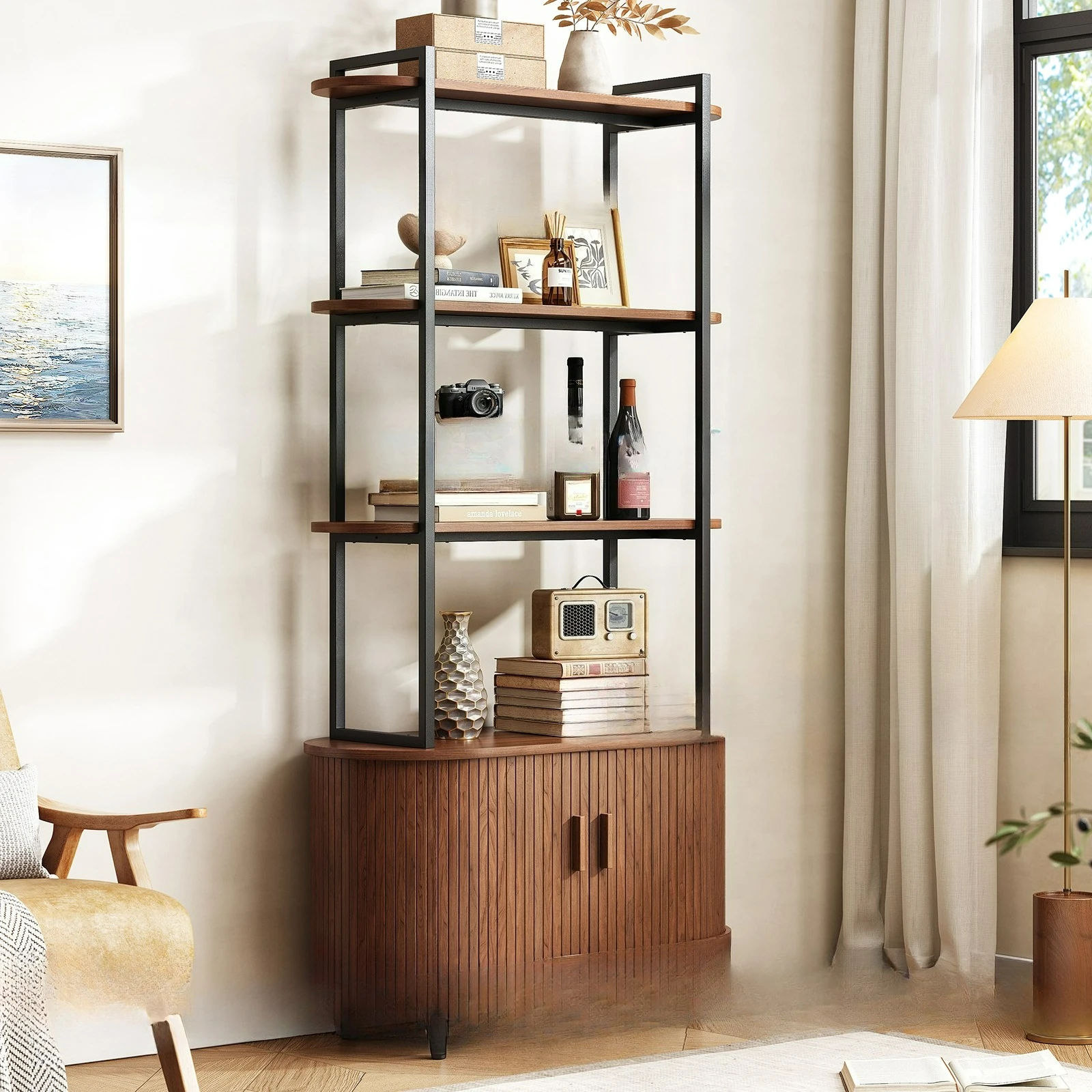

Customizable with Storage Cabinet,Modern Bookcase with Sliding Door 4-Tier Book Shelf