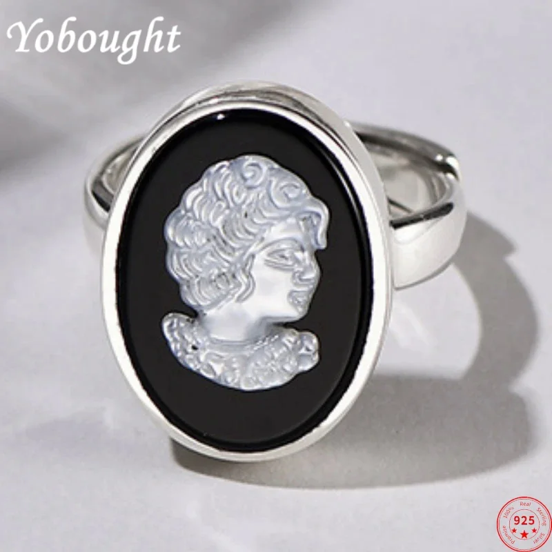 

S925 Sterling Silver Rings For Women Men New Fashion Creative Black White Beauty Relief Head Portrait Agate Shell Free Shipping