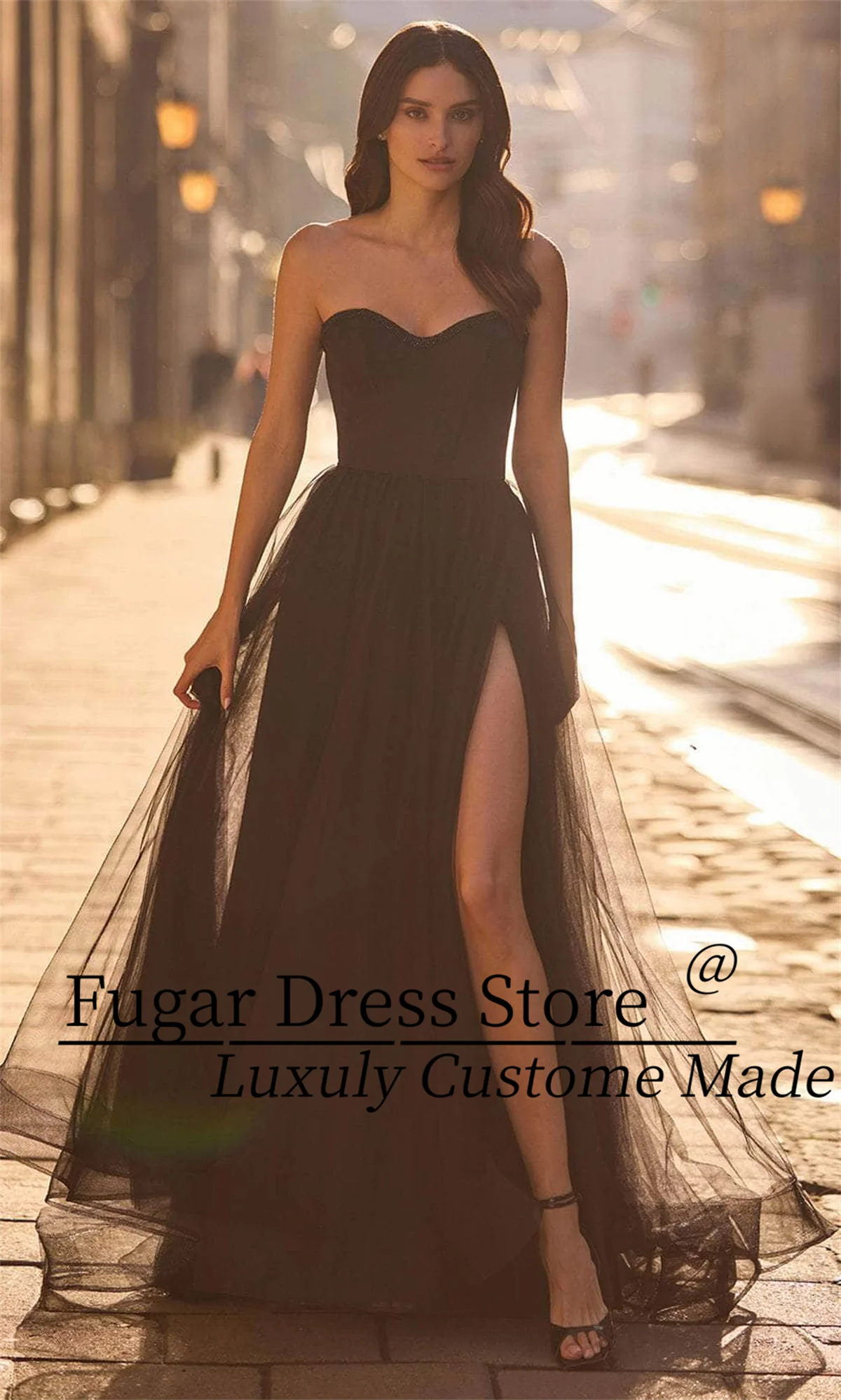 

TIANTIAN Custome Strapless Fitted Bodice Lace-Up Tie Back Zipper Closure Side Pockets Slit Train Formal Dresses robes de soirée