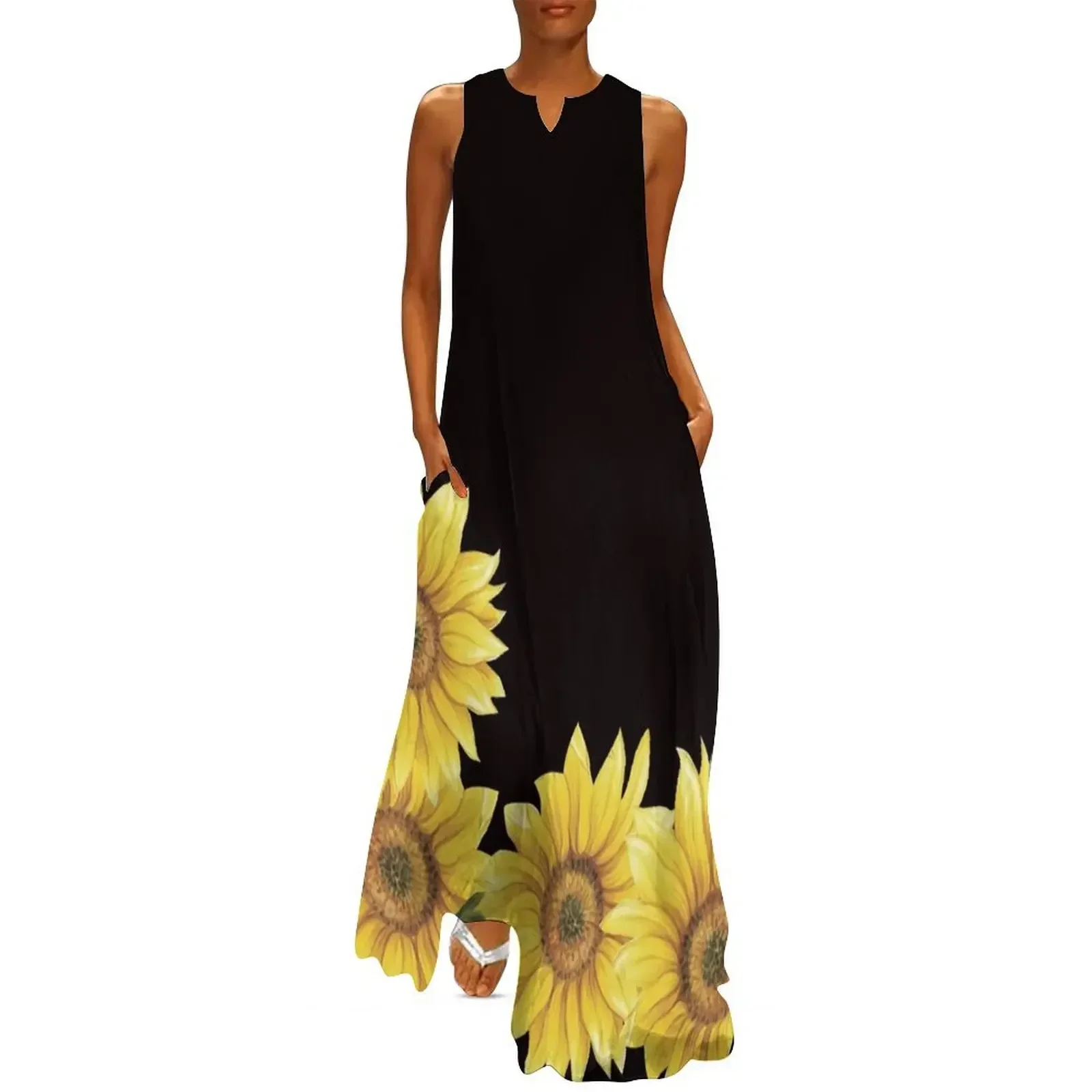 

SUNFLOWERS ON BLACK Long Dress women's fashion dresses Elegant gowns Prom gown Summer women's clothing Dress
