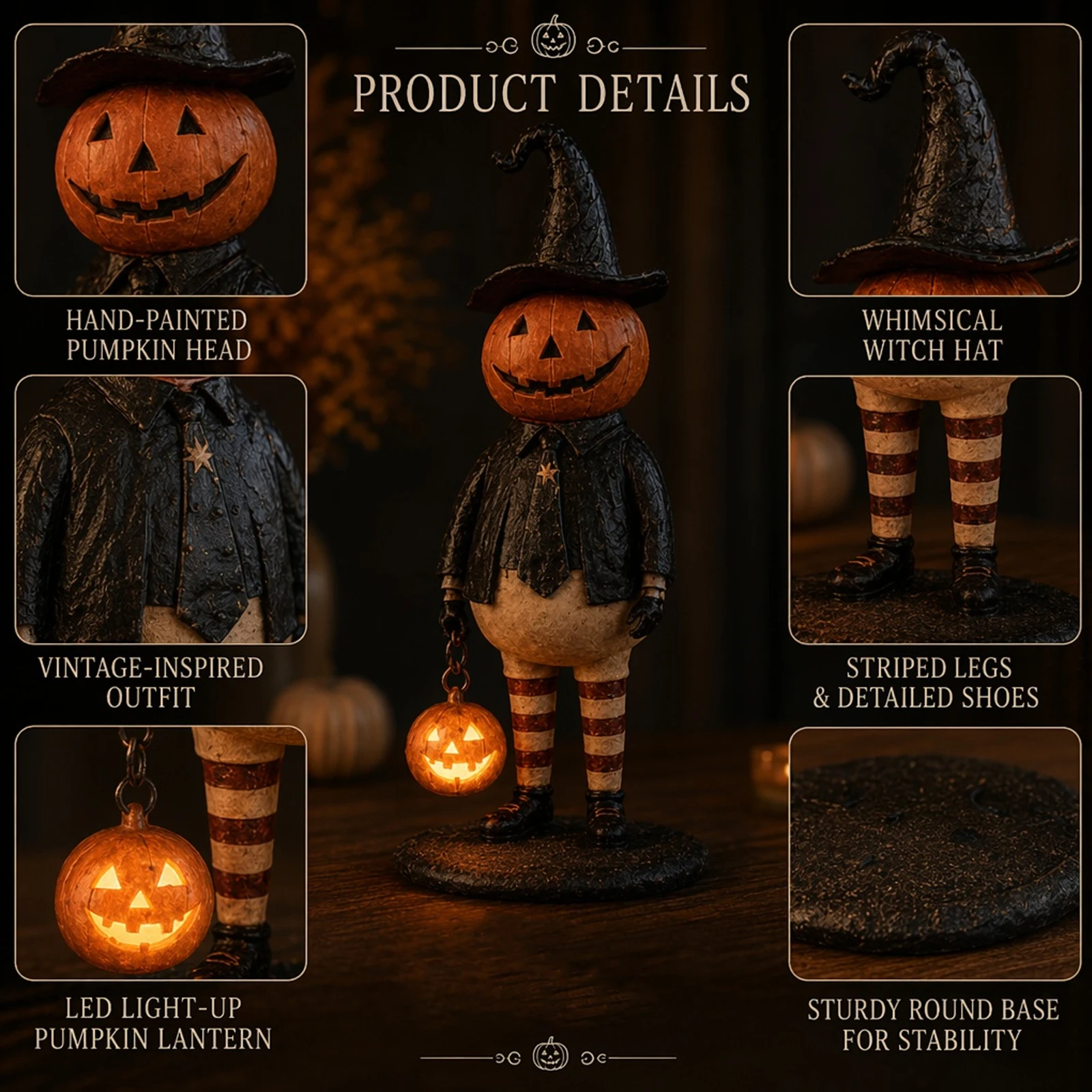Light Up Lantern Statue with Handheld Pumpkin Light Trendy Halloween Pumpkins Home Decor for Mantel Shelf Fall Autumn Display