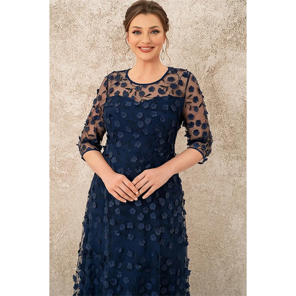 Plus Size Mother Of The Bride Navy Blue Mesh Stereo Flowers Tunic Maxi Dress Round Neck Long Dress