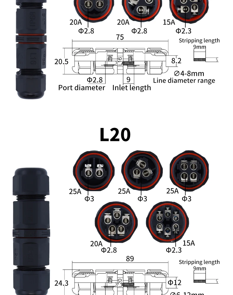 IP68 L12 L16 L20 L25 Waterproof Cable Connector 2/3/4Pin Screw Wiring Terminal Wire Connectors for Electrical Light Junction Box