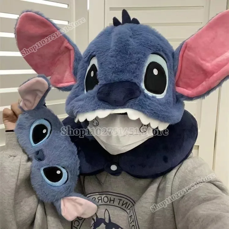 

U-образная подушка с рисунком Диснея Stitch и капюшоном для сна, шапки для сна, защита шеи, рабочая, путешествия, самолет, автомобильная шапка, кавайная повязка на глаз