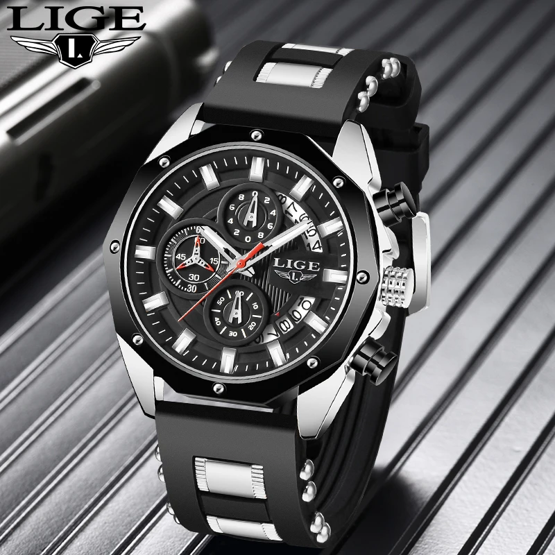 

LIGE Fashion Luxury Men's Watches Waterproof Casual Sport Silicone Strap Wristwatches Quartz Watch for Men Luminous Reloj Hombre