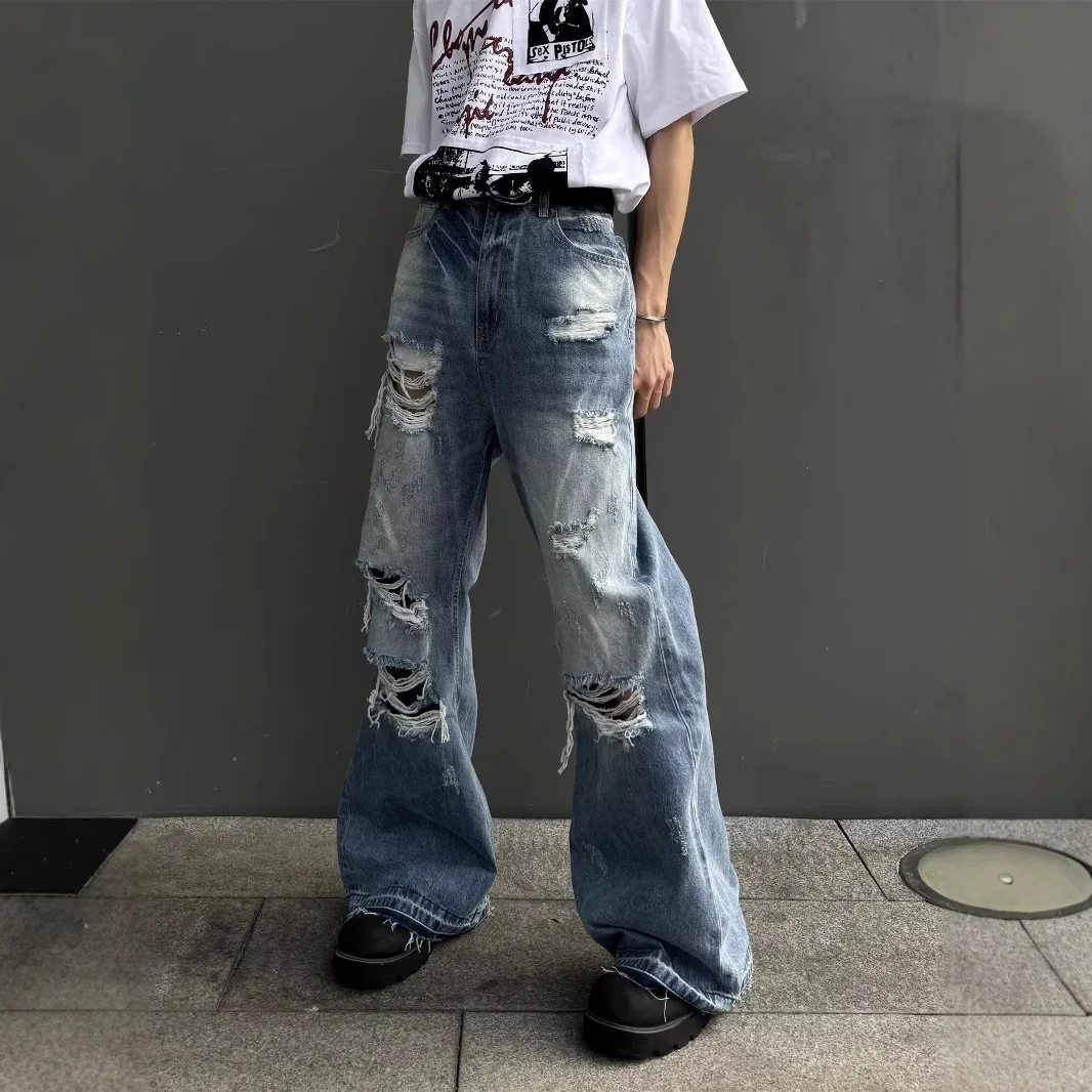 American Vintage Spring/summer Ripped Jeans For Men, Washed Loose Straight-leg High Street Hip-hop Casual Long Pants For Men