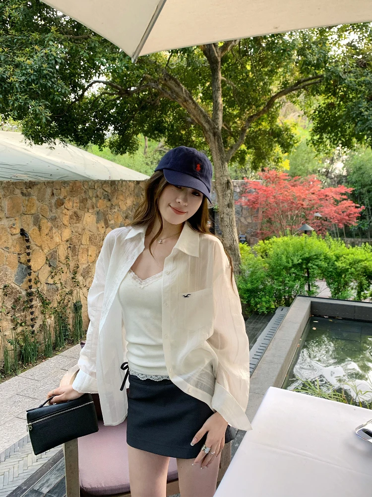 

Женская белая солнцезащитная рубашка-жакет Hhi, летняя новинка, свободный крой, повседневный элегантный стиль, модный топ с длинными рукавами и воротником