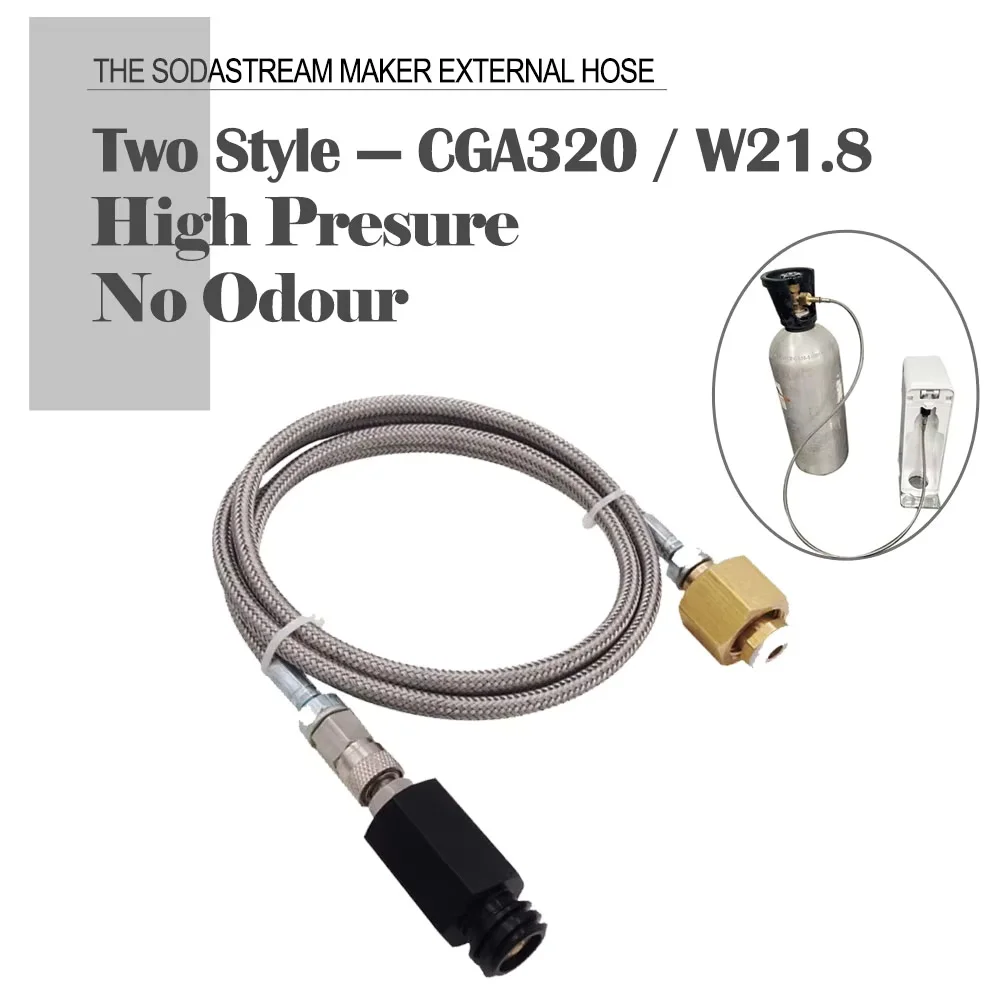 90cm Steel Braided Hose Kit W21.8 or CGA320, SodaStream Soda Club Sparkling Water Maker External CO2 Tank Adapter