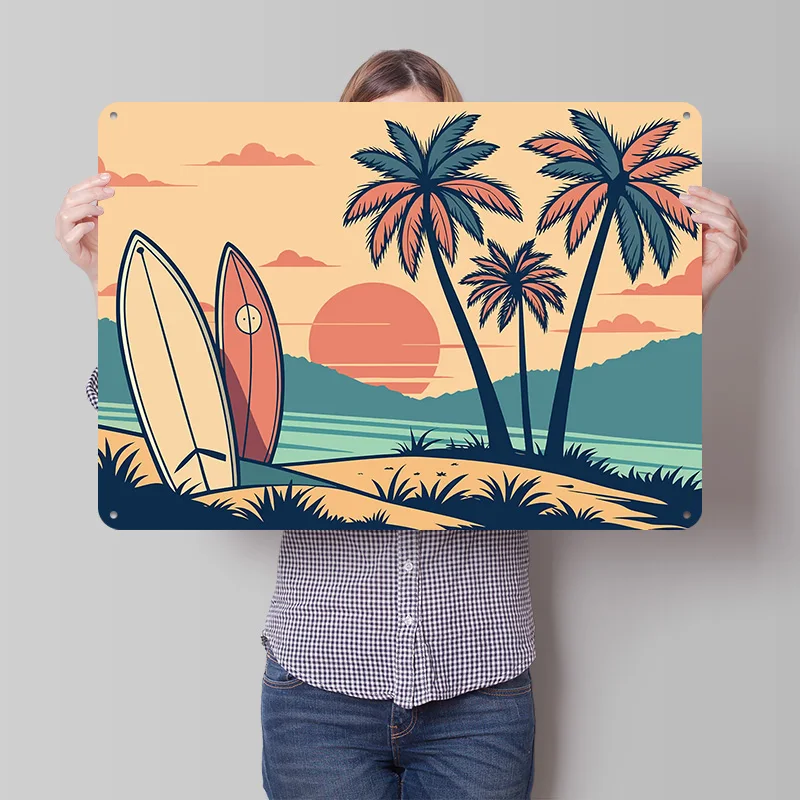 Retro Beach Surfboard Palm Trees Sunset Personalized 3D Textured Metal Poster Wall Art Vintage Tin Signs for Article Decoration