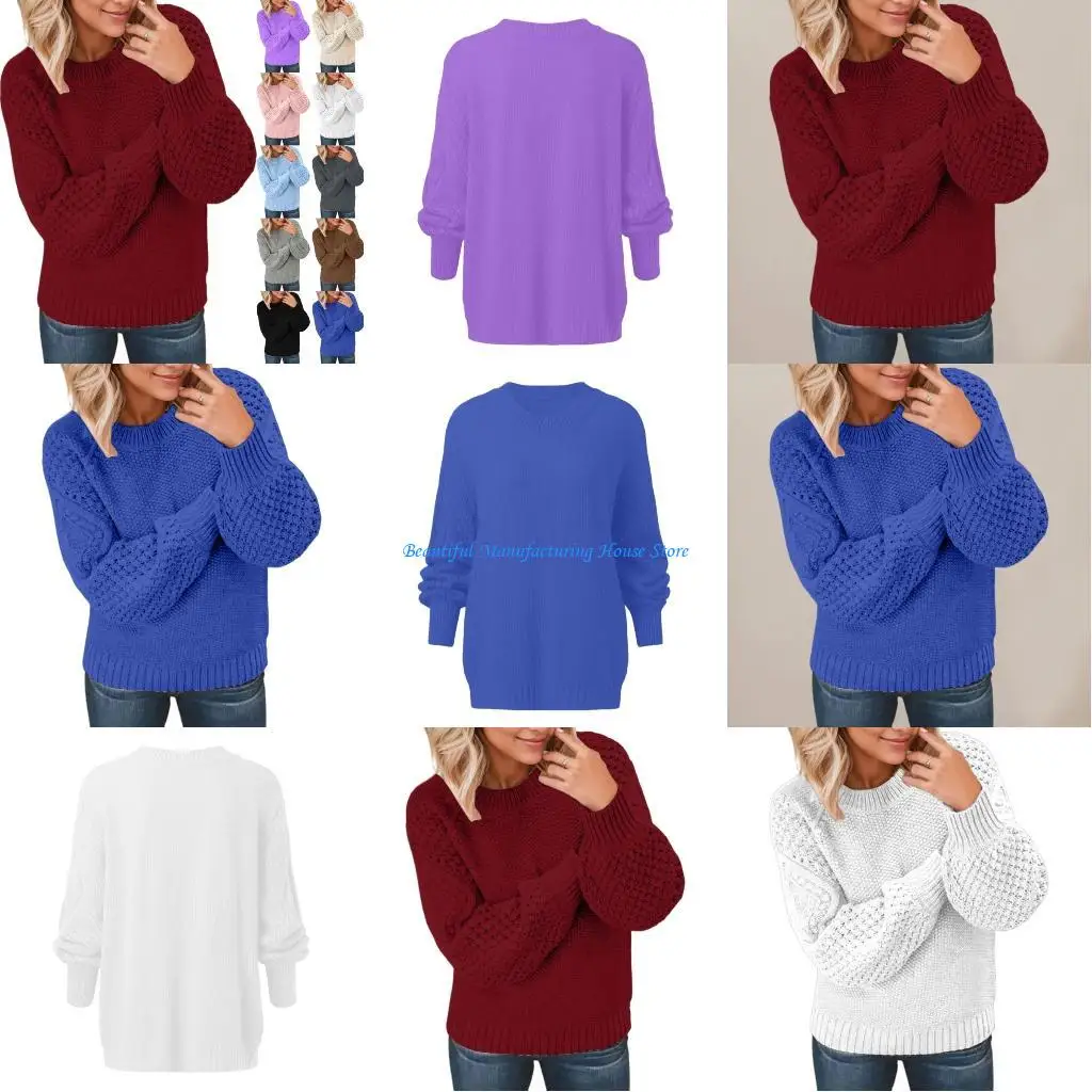 E56A Suéter punto ochos para mujer, manga larga acampanada, ajuste holgado, cuello redondo, ropa informal