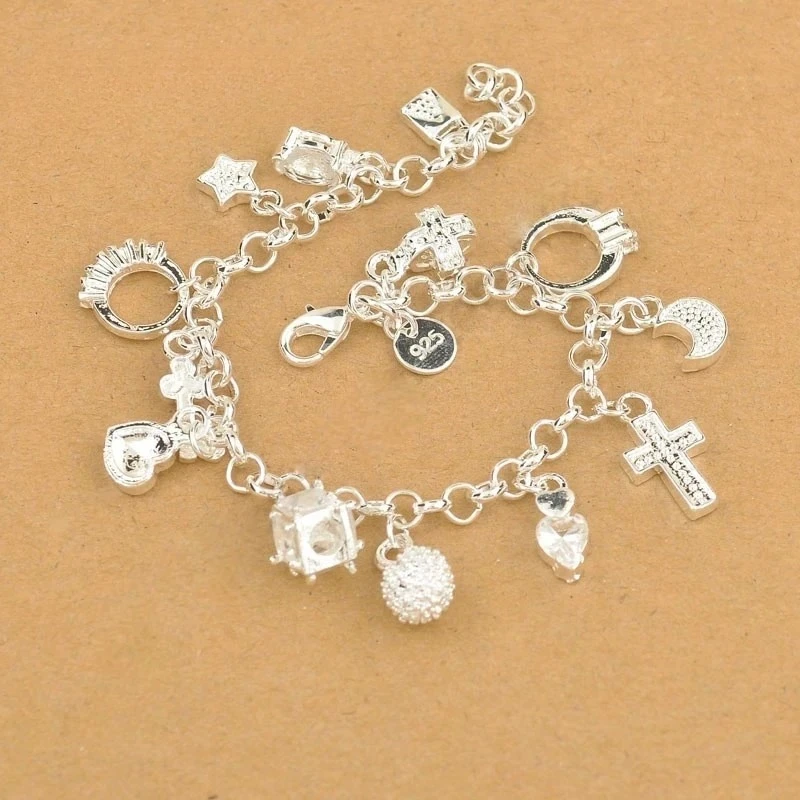 Top Quality 925 Sterling Silver Bracelet Nice Cross Moon Heart Clock Ball Cube Star Charms Jewelry For Women Girls