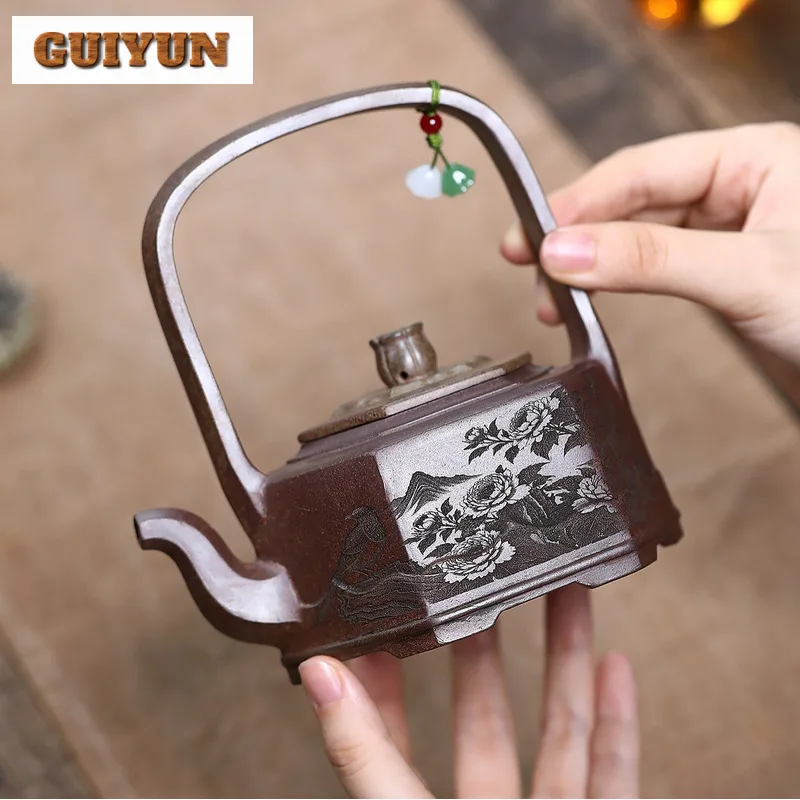 

300ml Yixing Purple Clay Teapots Handmade Hexagonal Lifting Handle Pot Raw Ore Wood-fired Porcelain Mud Tea Brewing Kettle Zisha