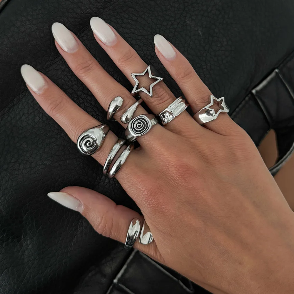Ingemark 8 Pcs/Set Gothic Pentagram Thread Open Ring for Women Vintage Irregular Water Drop Stackable Knuckle Ring Daily Jewelry