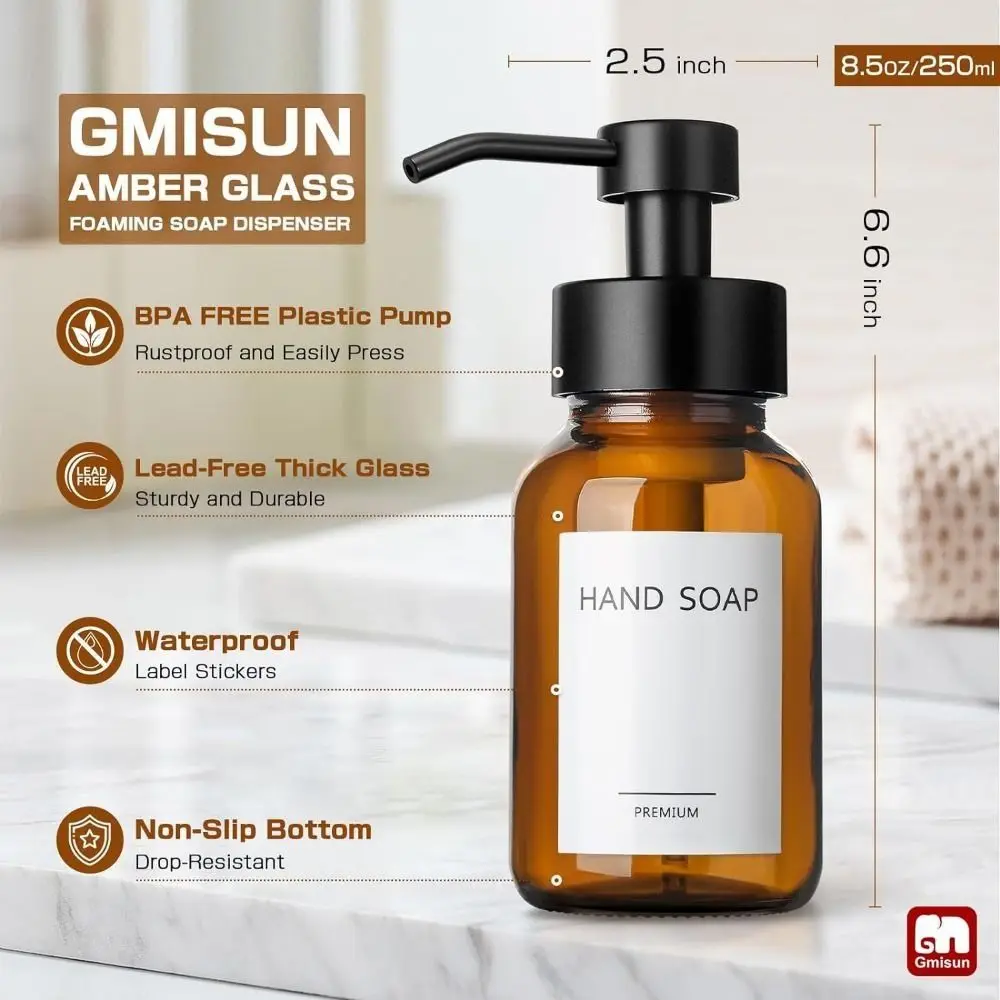 Thick Glass Foaming Soap Dispenser Anti-slip Round Refillable Hand Pump Bottle Amber Durable Brown Glass Jar Kitchen