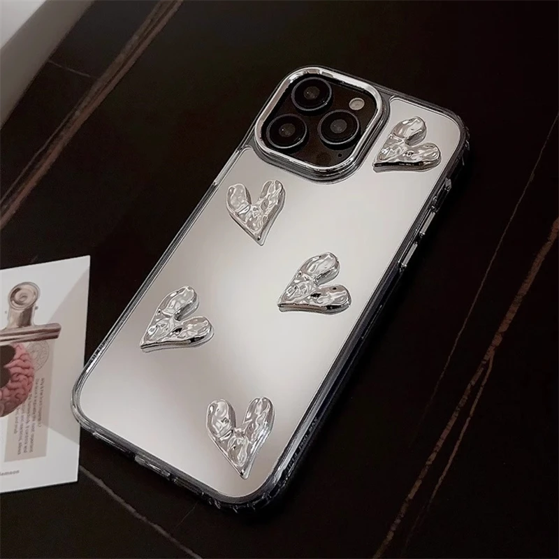 럭셔리 3D 러브 하트 메이크업 거울 전화 케이스 iPhone 15 14 13 12 Pro Max 11 한국 INS 실버 전기 도금 소프트 뒷면 커버