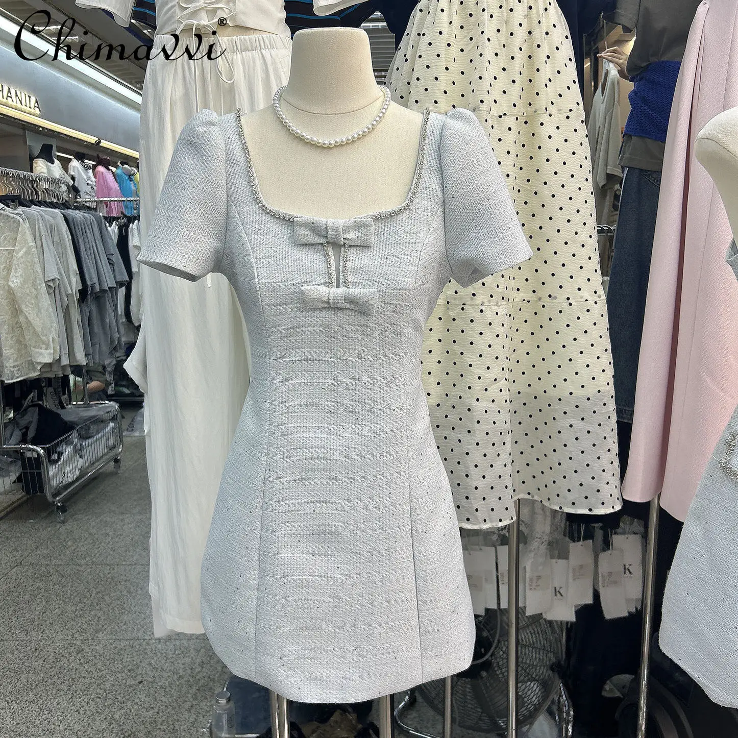 

2026 Summer New Fashion Sweet Bowknot Sequin Tweed Mini Dress Women Sleeveless Slim Fit Elegant Ladies Short Dresses