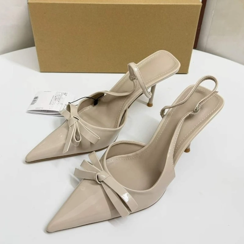 Women's Slingback Pumps Pointed Toe High Heels Butterfly Knot Ankle Strap Patent Leather Nude Office Party Dress Shoes for Lady