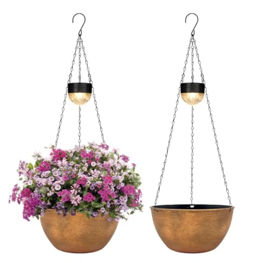 

2 Packs Solar Hanging Basket Planters for Plants Outdoor, Self Watering Flower Plants Pots with Solar Light Drainer for Balcony