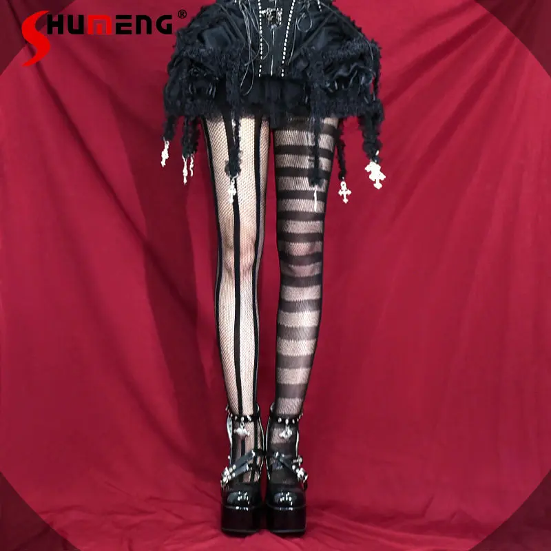 

Готические панк-лосины в стиле лолита с сетчатыми вставками, японские асимметричные полосатые ажурные леггинсы-носки для женской одежды Y2K