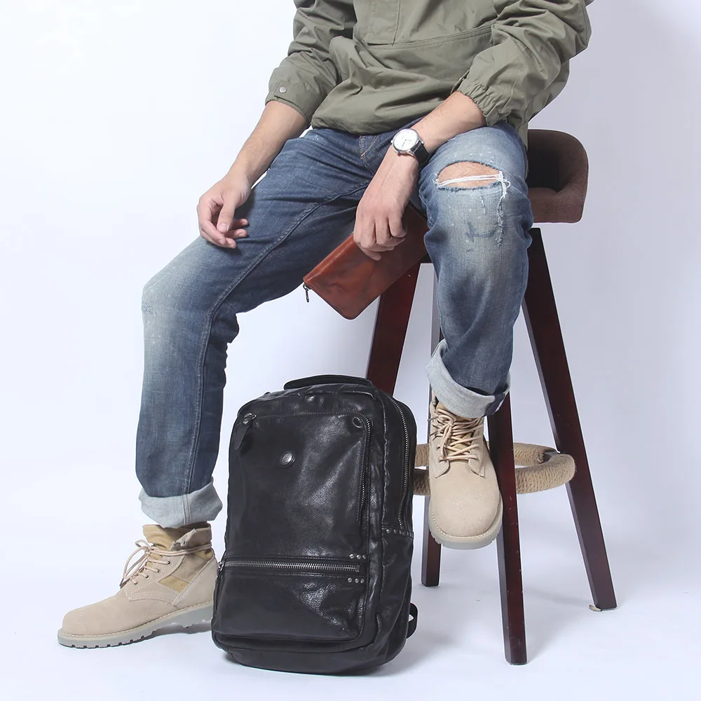S.WORKER Lässiger Rucksack aus echtem Rindsleder, Herren-Laptop-Rucksack, Tagesrucksack mit großer Kapazität, Reisetasche, Schultasche – Detail 4