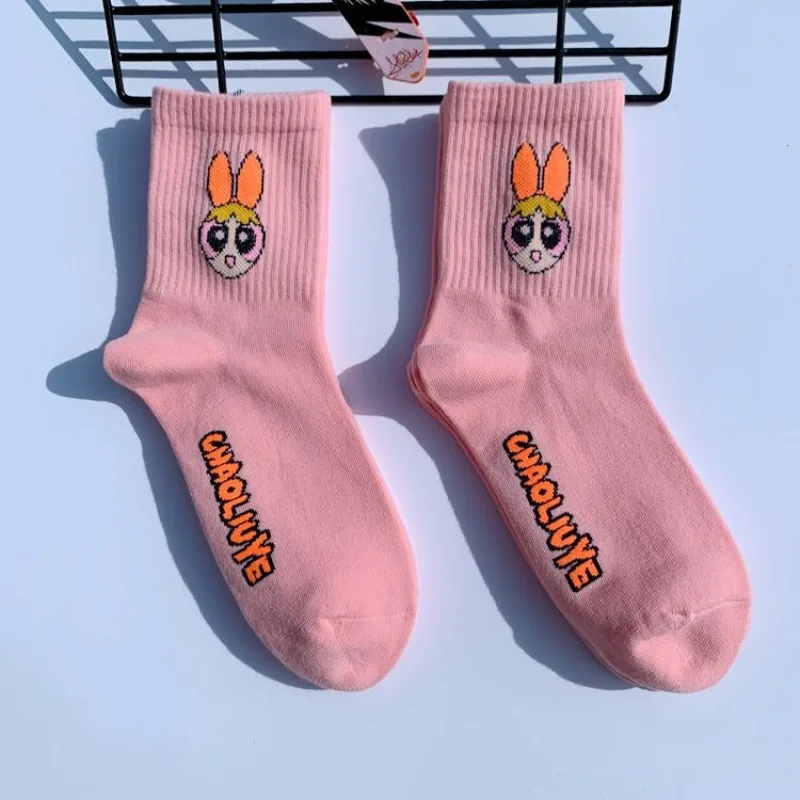 The Powerpuff Girls Women Cotton Socks Cute Breathable White Socks Japanese Style Cartoon Embroidery Girl Casual Stockings Gifts