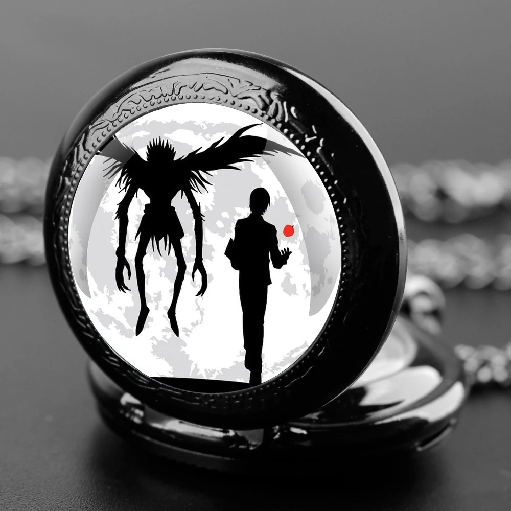 

Death Note Design Glass Dome Quartz Pocket Watch With Durable Chain Arabic Numeral Dial For Men And Women Creative Gifts