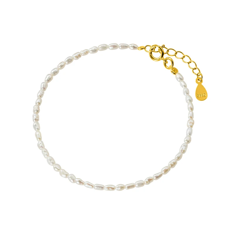 Metiseko Mini Rice Pearl Natural Freshwater Pearl Bracelet 925 Sterling Silver Plated 14K Gold Bracelet Sweet Elegant for Women