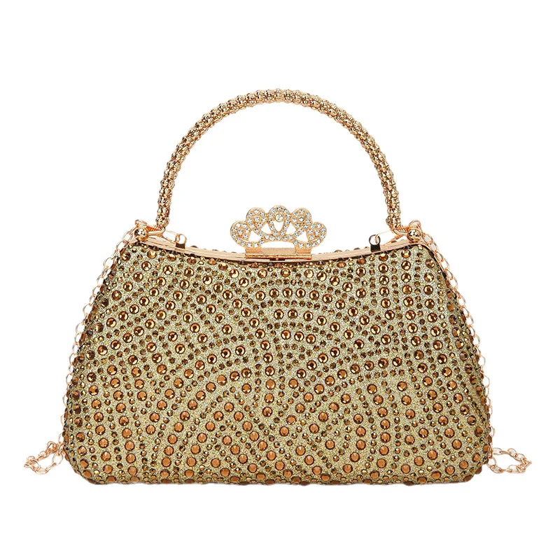 حقيبة سهرة نسائية جديدة من الكريستال الذهبي لعام 2025، محفظة أنيقة بمقبض من حجر الراين، حقيبة يد فاخرة لامعة للحفلات والولائم