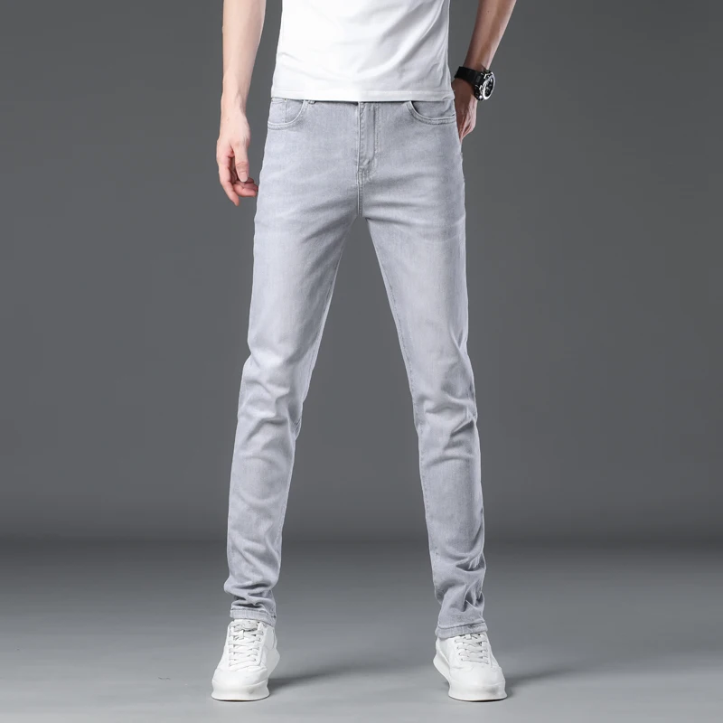 2024 estate cotone stretch sottile grigio chiaro jeans uomo slim fit dritto all-match pantaloni casual di fascia alta di lusso leggero